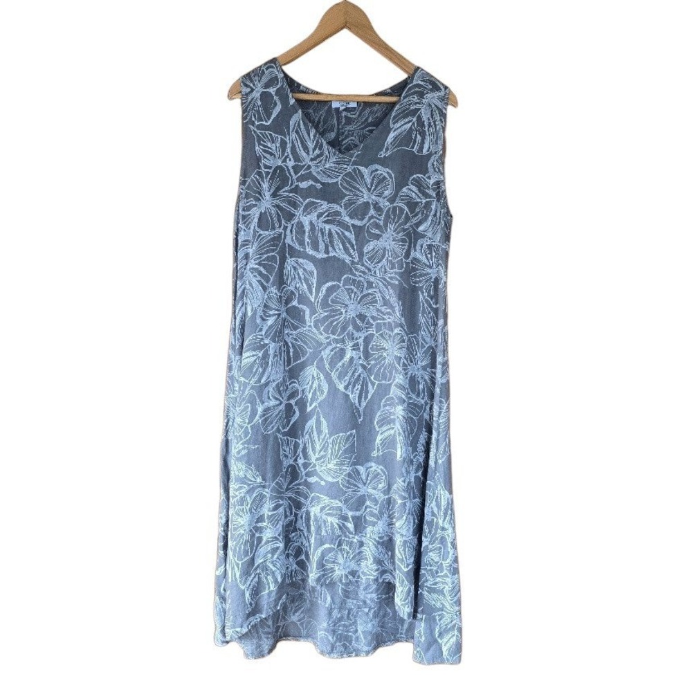 Rosemarine Linen Midi Shift Dress Womens L Gray Floral Lagenlook Mediterranean